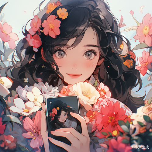 美少女自拍捧花 电影感OC齐刘海