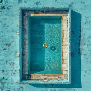 A rectangular blue swimming pool with clearly visible walls around it, a golden swimming ring floating in the center of the pool, ultra-high definition image style, psychedelic atmosphere, high resolution, cute and dreamy, joaquí n sorolla, cross processing, top view swimming pool water