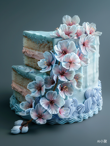 Blue Sakura Flower Cake Slice Hyperrealism