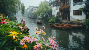 Jiangnan water town, green plants and colorful flowers by the river, small wooden boats in the middle of the lake to carry people coming from far away, white walls with black tiles house where wildflowers are blooming, misty rain creates a scenic Jiangnan autumn, captured with wide-angle photography in high definition reality.