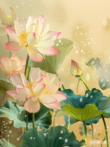 Romantic Lotus and Lily Pads on Yellow Background