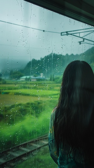 天空下着雨，动车上，动车的窗外是一望无际的原野，自然风景，很治愈，很有安全感