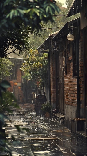 天空下着雨，安静的小巷子，没有一个人，清新的空气，很治愈