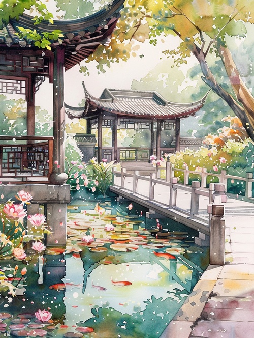 梦回江南：古风园林与水彩气泡的诗意旅🎨探索不一样的中国风情，一段水墨与水彩的美丽邂逅！🏮在这里，古典的亭台楼阁与梦幻的水彩气泡相遇，构筑出一幅幅如诗如画的江南美景。🌉每一帧，都是高清细节下的中国式园林美学，每一滴，都蕴含着梦幻色彩的水彩气泡。🌳从竹林深处的静谧氛围，到荷花池波光粼粼的清新夏日；从古风园林小径的诗意栖居，到锦鲤在水中游弋的动静结合；每一处，都是一次光影交错的美学体验。💫📚不仅如此，书院门前的古树、亭中观雨的幽静雅致，以及花园中的石桌石凳，都在绚烂的水彩气泡中展现出别样的文化气息和闲适午后。高清画质，清晰度高，细致描绘每一个细节。