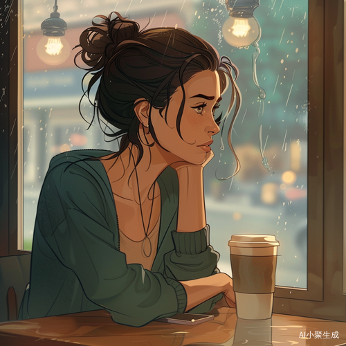 雨天街边的中年职场女性卡通形象思考