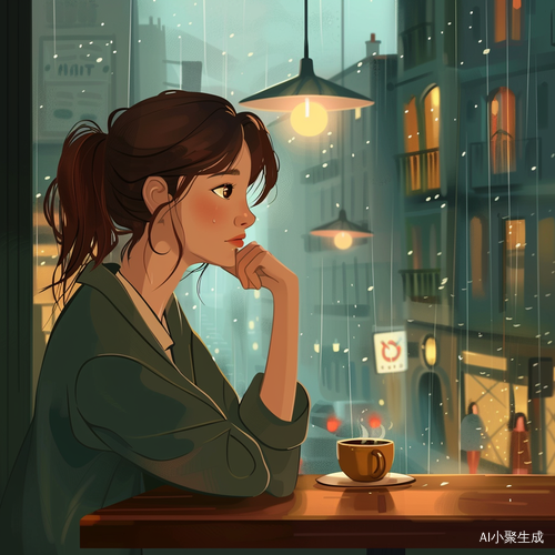 雨天街边的中年职场女性卡通形象思考