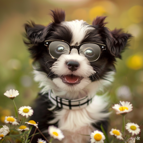 Adorable Little Puppy with Clear Glasses and Wildflowers