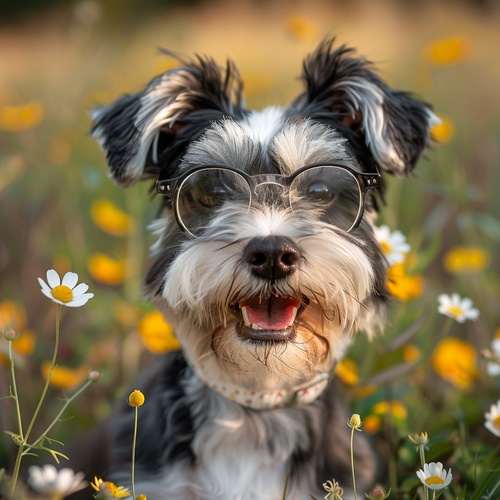 beautiful cute happy smile little young blackwhite baby dog with clear glasses with wildflowers