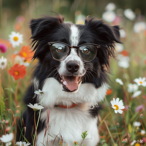 Adorable Little Puppy with Clear Glasses and Wildflowers