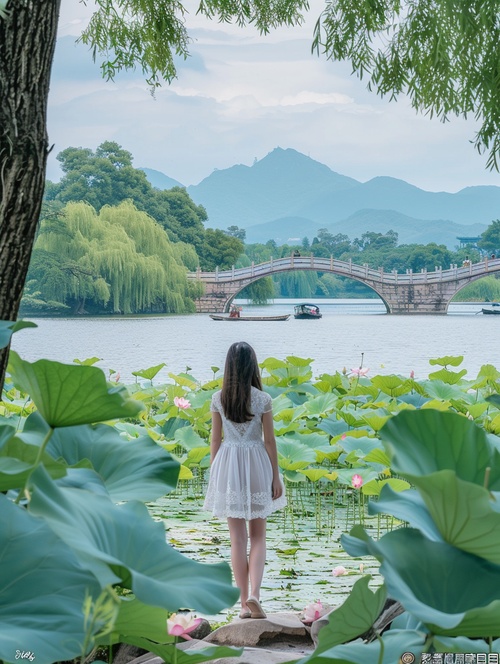 杭州西湖风景秀丽，一少女站在湖边，全身照，露脚，秀丽精致的面容，清澈的眼睛，宫崎骏风格，面对镜头，湖面清澈，湖心有石拱桥，有船，荷叶粉色荷花，雨后的治愈系天空，百花齐放，万花丛中，全景真实自然，超细，超分辨率，超高清晰度图像质量8k