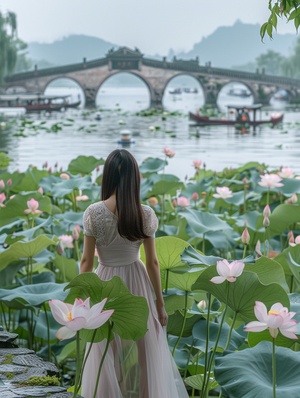 杭州西湖风景秀丽，一少女站在湖边，全身照，露脚，秀丽精致的面容，清澈的眼睛，宫崎骏风格，面对镜头，让我看到人脸，湖面清澈，湖心有石拱桥，有船，荷叶粉色荷花，雨后的治愈系天空，百花齐放，万花丛中，全景真实自然，超细，超分辨率，超高清晰度图像质量8k