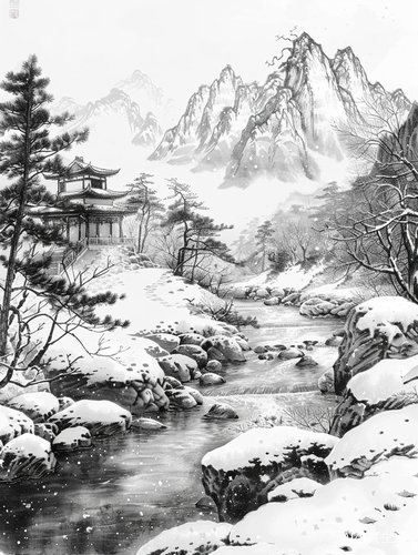 幽静河畔雪天青山阴沉