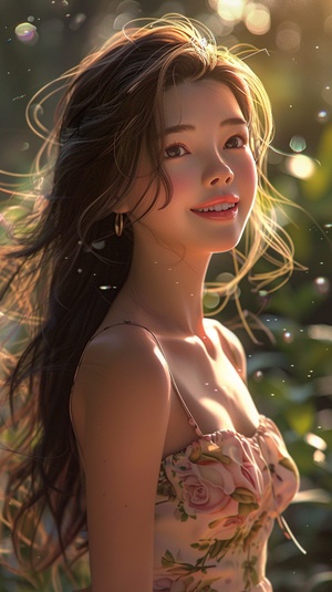 A cheerful and sweet woman, with a lovely oval face, a sunny aura, a smile, wearing a floral dress, bright sunlight, vivid light and shadow, delicate appearance, high-quality CG, movie-level picture quality, warm atmosphere, beautiful. Confidently looking towards the future, long hair, black eyes, expressive eyes, delicate nose, rosy lips, charming smile, front view, full-body portrait, high-quality CG, 8K resolution, clear and clean background.