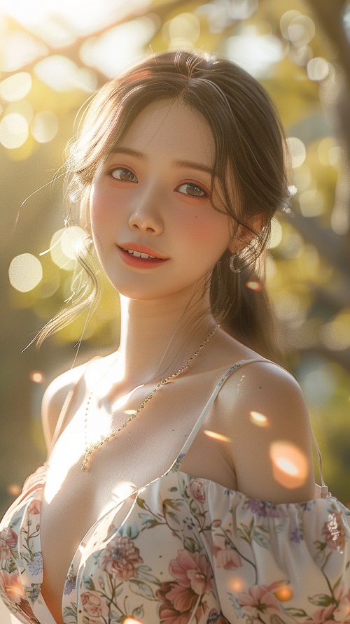 A cheerful and sweet woman, with a lovely oval face, a sunny aura, a smile, wearing a floral dress, bright sunlight, vivid light and shadow, delicate appearance, high-quality CG, movie-level picture quality, warm atmosphere, beautiful. Confidently looking towards the future, long hair, black eyes, expressive eyes, delicate nose, rosy lips, charming smile, front view, full-body portrait, high-quality CG, 8K resolution, clear and clean background.