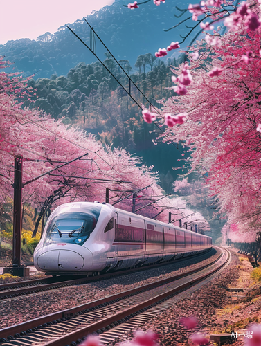 High Speed Rail Passing Through Cherry Blossom Bushes