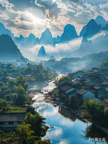 山水白云阳光泉水绝美旅游胜地