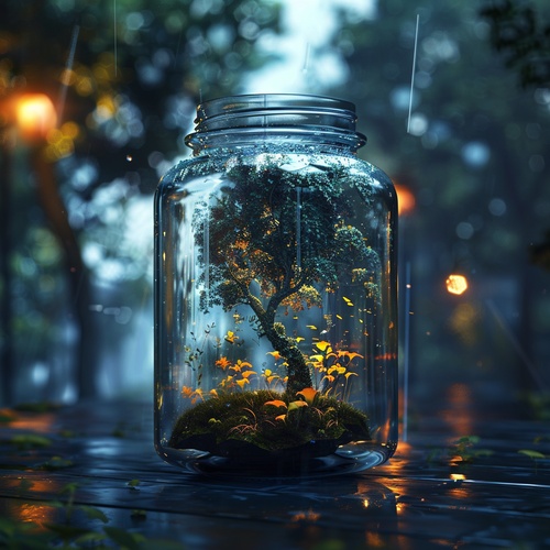 A glass jar with an ethereal forest inside, illuminated bylightning and rain, creating a magical atmosphere. Thescene is captured in high resolution, showcasing thesurreal beauty of nature within the transparentcontainer.ar