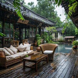 In the rainy season, there is an outdoor tea house with sofa chairs and coffee tables by the pool in rural China. The garden features thatched houses, green plants, bamboo forests, raindrops on leaves, flowers blooming, exquisite decorations, natural scenery, warm colors, tranquility, warmth, comfort, wideangle photography, and a cinematic feel. High definition photography in the style of nature. v 6.0 ar 9:16