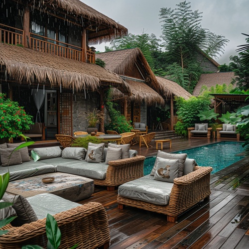 In the rainy season, there is an outdoor tea house with sofa chairs and coffee tables by the pool in rural China. The garden features thatched houses, green plants, bamboo forests, raindrops on leaves, flowers blooming, exquisite decorations, natural scenery, warm colors, tranquility, warmth, comfort, wideangle photography, and a cinematic feel. High definition photography in the style of nature. v 6.0 ar 9:16