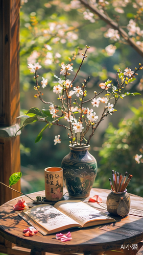 禅意风小桌子花瓶毛笔书本细节全景高清拍摄