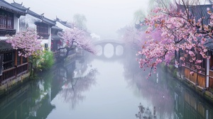 Jiangnan water town, ancient bridge over the river, cherry blossoms blooming on both sides of wooden houses in spring. The misty rain is hazy and beautiful, reflecting the colorful flowers in the clear stream water. This scene presents an elegant beauty that can make people feel peaceful. High definition photography captures the scene in high resolution, presenting an image in the style of classical Chinese painting.