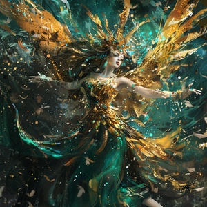 a female character wearing a golden dress and wings,in the style of kawacy, in the style of water and land fusion,high angle view, li-core,gold and turquoise, fenghua zhong, dynamic action painting, carnivalcore, commission for, brushwork mastery, metallic rotation, mind-bending murals, aurorapunk, dark bronze and sky-blue ar 16:9 s 750 niji 5