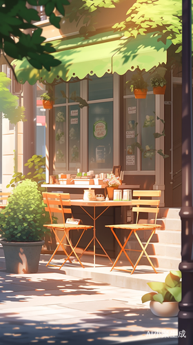 夏日阳光下的咖啡店动漫美学