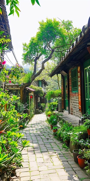 乡村街道两边都是绿色的植物，道路两旁有几间房屋