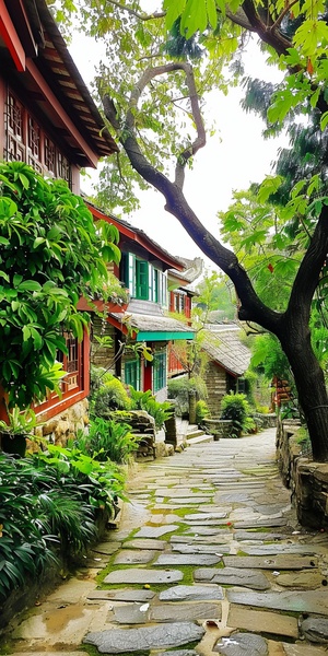 乡村街道两边都是绿色的植物，道路两旁有几间房屋