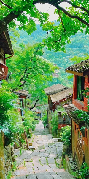 乡村街道两边都是绿色的植物，道路两旁有几间房屋