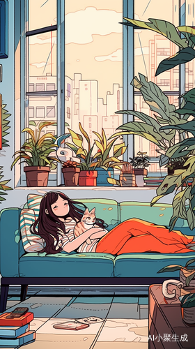 女孩沙发观漫画，窗外风景恍如远景