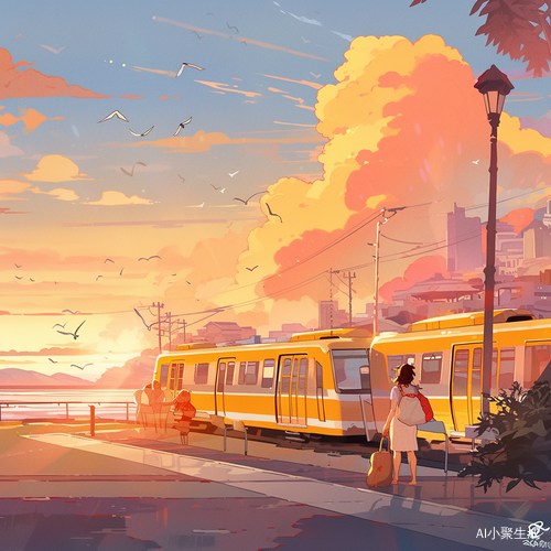 放学路上的夕阳西下沿海城市