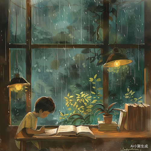 雨中读书的乡村童年插画