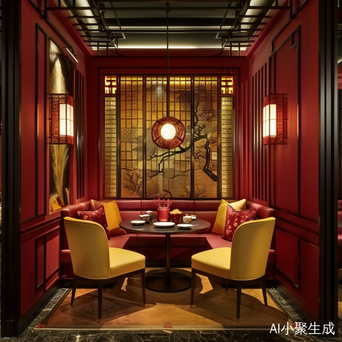暗红黄色新中式茶室装修设计
