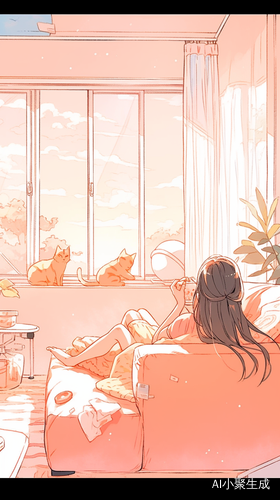女孩沙发电视猫咪汽水大窗户漫画线条全景