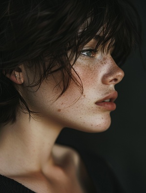 Fine art photography of a beautiful natural woman in the fleeting moment from dark, short messy hair, light freckles, intricate skin texture, mysterious, dreamy, unreal, surreal, dynamic pose, alternative angle, macro lens, close up, zoomed in, cropped, multiple soft lighting and shadow, solid dark background, warm hue, photorealistic, hyperrealism, cinematic, coarse film grain