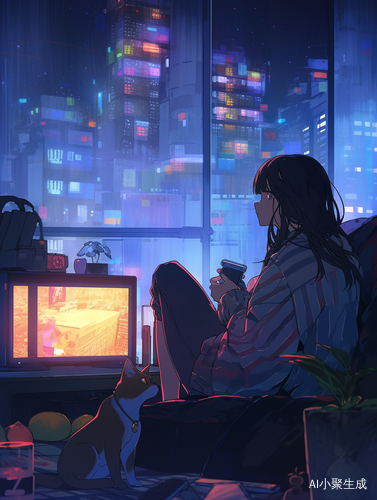 夜晚卡通插画：少女看电视，小喵咪趴着，窗外高楼