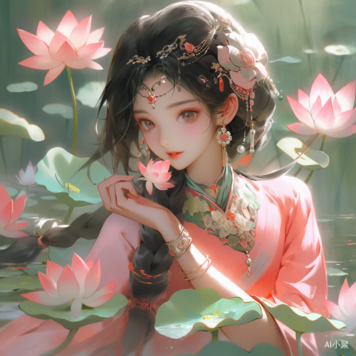 中国风美女微笑荷花精致大师作品