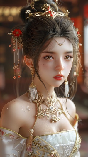 Ancient costume beautiful woman in the style of Chinese style, gold jewelry earrings and necklace with long hair in an updo hairstyle, white dress decorated with red flowers, exquisite facial features, bright eyes, perfect face details, perfect figure, delicate skin texture, red lips, blurred background of a Chinese palace hall, fairyland atmosphere, anime illustration style, high definition photography, super detailed.