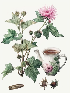 插画,牛蒡植株，菊花植株，茶，决明子，纯白背景