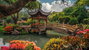 A beautiful Chinese-style garden with pavilions, small bridges and flowing water, colorful flowers blooming on the bank beside trees, there is an ancient tree hanging over the bridge that leads to one side of the river in front of you. The sky above has white clouds floating. This scene creates a peaceful atmosphere, showcasing traditional beauty through landscape photography in the style of traditional Chinese paintings.