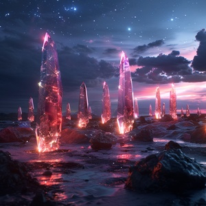 At night,This is surreal and complex CG rendering, transparent, starlight, round crystal, CG3D effect, volume light, super wide angle, sky, pink white light reflection,Tyndall light effect，super shocking reality 8K that affects complex details, Marc ADAMUS landscape photography, stereo light in real life, symmetry, 8K.HD ar 2:3 style raw stylize 750 v 3