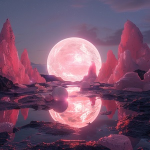 At night,This is surreal and complex CG rendering, transparent, starlight, round crystal, CG3D effect, volume light, super wide angle, sky, pink white light reflection,Tyndall light effect，super shocking reality 8K that affects complex details, Marc ADAMUS landscape photography, stereo light in real life, symmetry, 8K.HD ar 2:3 style raw stylize 750 v 3