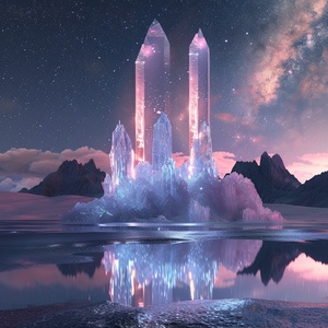 At night,This is surreal and complex CG rendering, transparent, starlight, round crystal, CG3D effect, volume light, super wide angle, sky, pink white light reflection,Tyndall light effect，super shocking reality 8K that affects complex details, Marc ADAMUS landscape photography, stereo light in real life, symmetry, 8K.HD ar 2:3 style raw stylize 750 v 3