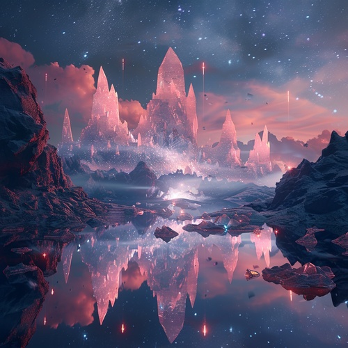 At night,This is surreal and complex CG rendering, transparent, starlight, round crystal, CG3D effect, volume light, super wide angle, sky, pink white light reflection,Tyndall light effect，super shocking reality 8K that affects complex details, Marc ADAMUS landscape photography, stereo light in real life, symmetry, 8K.HD ar 2:3 style raw stylize 750 v 3