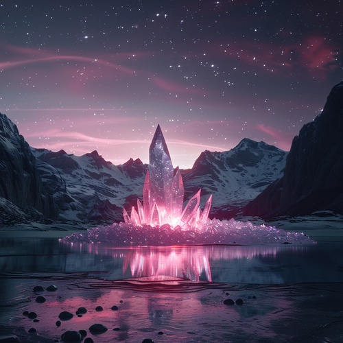 At night,This is surreal and complex CG rendering, transparent, starlight, round crystal, CG3D effect, volume light, super wide angle, sky, pink white light reflection,Tyndall light effect，super shocking reality 8K that affects complex details, Marc ADAMUS landscape photography, stereo light in real life, symmetry, 8K.HD ar 2:3 style raw stylize 750 v 3