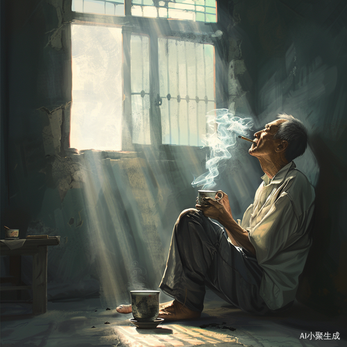 中年男人在空旷房间抽烟，阳光下的疲惫
