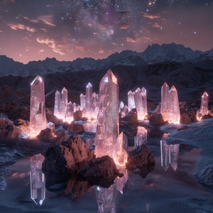 At night,This is surreal and complex CG rendering, transparent, starlight, round crystal, CG3D effect, volume light, super wide angle, sky, pink white light reflection,Tyndall light effect，super shocking reality 8K that affects complex details, Marc ADAMUS landscape photography, stereo light in real life, symmetry, 8K.HD ar 2:3 style raw stylize 750 v 3