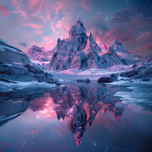 At night,This is surreal and complex CG rendering, transparent, starlight, round crystal, CG3D effect, volume light, super wide angle, sky, pink white light reflection,Tyndall light effect，super shocking reality 8K that affects complex details, Marc ADAMUS landscape photography, stereo light in real life, symmetry, 8K.HD ar 2:3 style raw stylize 750 v 3