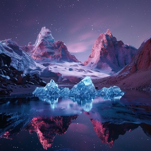 At night,This is surreal and complex CG rendering, transparent, starlight, round crystal, CG3D effect, volume light, super wide angle, sky, pink white light reflection,Tyndall light effect，super shocking reality 8K that affects complex details, Marc ADAMUS landscape photography, stereo light in real life, symmetry, 8K.HD ar 2:3 style raw stylize 750 v 3